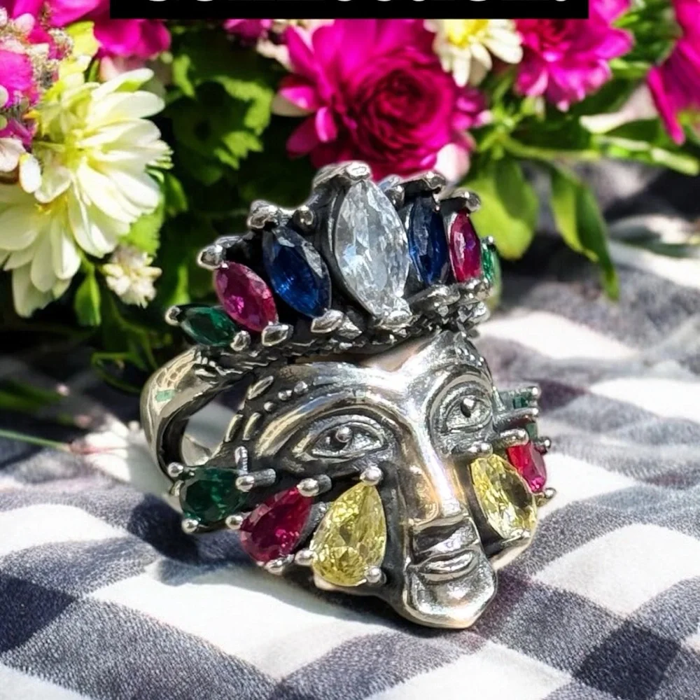 Colorful Face Ring 925 Sterling Silver | Adjustable Size 7